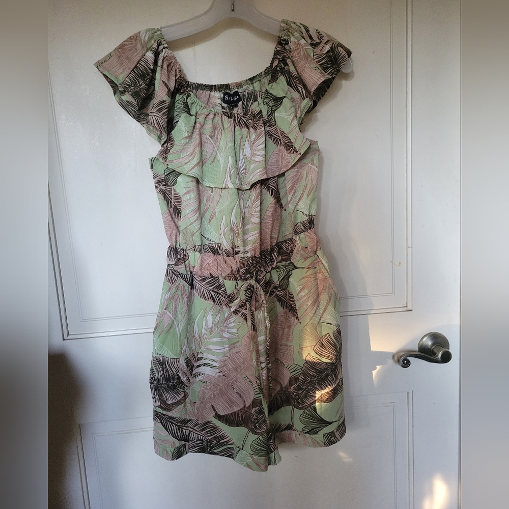 Off the shoulder tropical forest romper